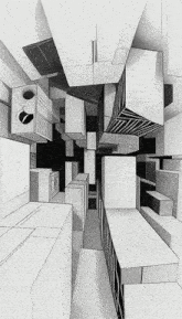 a black and white drawing of a city with a few buildings