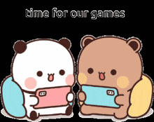 two teddy bears are playing a video game together with the words time for our games written below them
