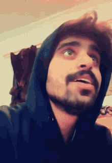 a man with a beard is wearing a hooded sweatshirt