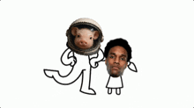 a drawing of a man and a pig with a helmet on their head