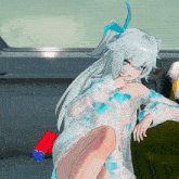a girl with white hair and blue eyes is wearing a white shirt with blue hearts on it