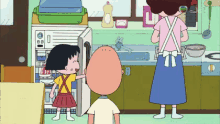 a cartoon of a girl opening a refrigerator next to a man