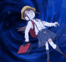 a girl in a school uniform is holding a red bag