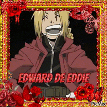 a picture of edward de eddie from fullmetal alchemist surrounded by red roses and butterflies .
