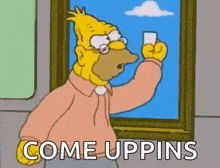 homer simpson from the simpsons is holding a glass of water in front of a picture .