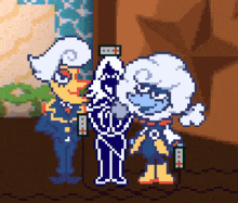 two pixel art characters are standing next to each other in a room