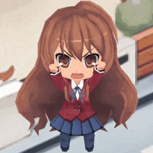 a little girl with long brown hair is making a face