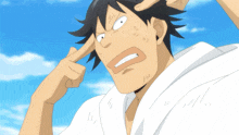 a man in a white shirt is making a funny face with his finger to his ear