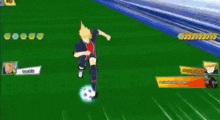 a man is kicking a soccer ball in a video game while another man watches .