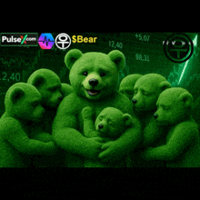 a group of green bears standing next to each other with a pulse.com logo in the corner