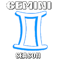 a blue penguin holding a blue and white letter i with the words gemini season below it