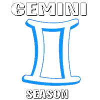 a blue penguin holding a blue and white letter i with the words gemini season below it