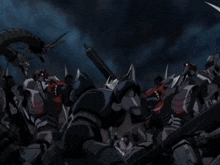 a group of robots are fighting each other with red lights coming out of their heads