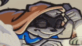a cartoon drawing of a raccoon wearing a hood and sunglasses .