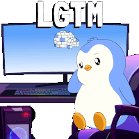 a penguin is sitting in front of a computer with the words lgtm above him