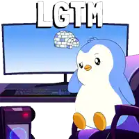 a penguin is sitting in front of a computer with the words lgtm above him