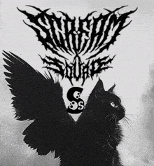 a black cat with wings is standing in front of a logo for a band called shredded souls