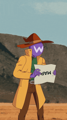 a cartoon character holding a map with a w on his face