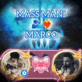 a poster for mass mani marco shows a man holding a dog and a man with a beard