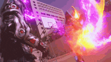 a superhero is standing in front of a basketball court with a purple and orange explosion coming out of his hands .