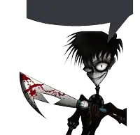 a cartoon character is holding a bloody axe and has a speech bubble above his head