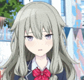 a girl with long gray hair and purple eyes is wearing a school uniform and a red bow tie .