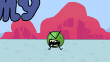 a cartoon drawing of a green ball with its mouth open and the words my tean written above it