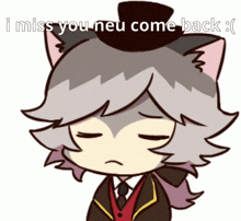 a cartoon of a cat wearing a top hat with the words " i miss you neu come back " below it
