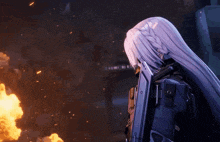 a woman with long white hair is holding a gun