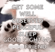 a picture of a dog that says `` get some well deserved peaceful sleep good night my friend '' .