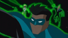 a man in a blue mask is smiling in front of a green light
