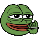 a green frog is holding a cigarette in its mouth .