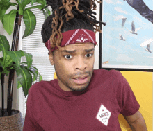a man wearing a bandana and a maroon vans t-shirt