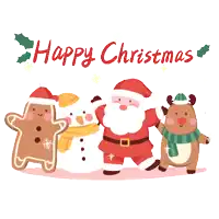 a christmas greeting card with santa claus gingerbread man reindeer and snowman