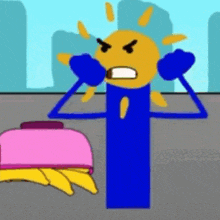 a cartoon character is standing next to a pink lunch box