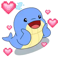 a blue and yellow whale with pink hearts surrounding it