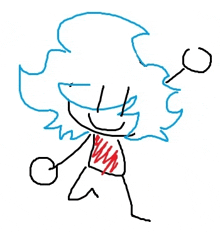 a drawing of a stick figure with long hair and a red shirt .