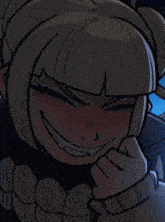 a cartoon drawing of a girl with a smile on her face and yellow eyes