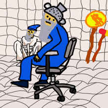 a cartoon of a man with a beard sitting in a chair next to another man