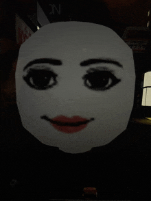 a white face with black eyes and red lips in a dark room with a sign that says n on it
