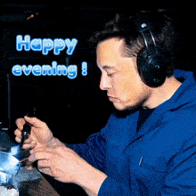 a man wearing headphones with the words happy evening written below him