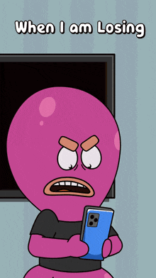 a cartoon character holding a cell phone with the words " when i am losing " below him