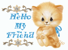 a picture of a cat with the words hello my friend written on it