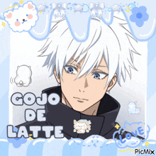 a picture of a man with white hair and the words gojo de latte