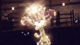 a cartoon character is glowing in the dark with a sign in the background that says exit