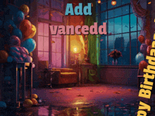 a room with balloons and the words add vancedd on the bottom