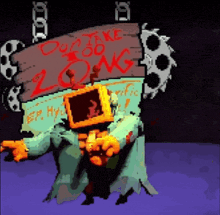 a pixel art of a monster holding a sign that says duane long