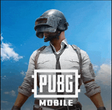 a man wearing a helmet stands in front of a blue sky with the pubg mobile logo behind him