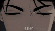 a close up of a man 's face with the word aslan written below it