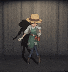 a person wearing a straw hat and an apron is standing in front of a curtain